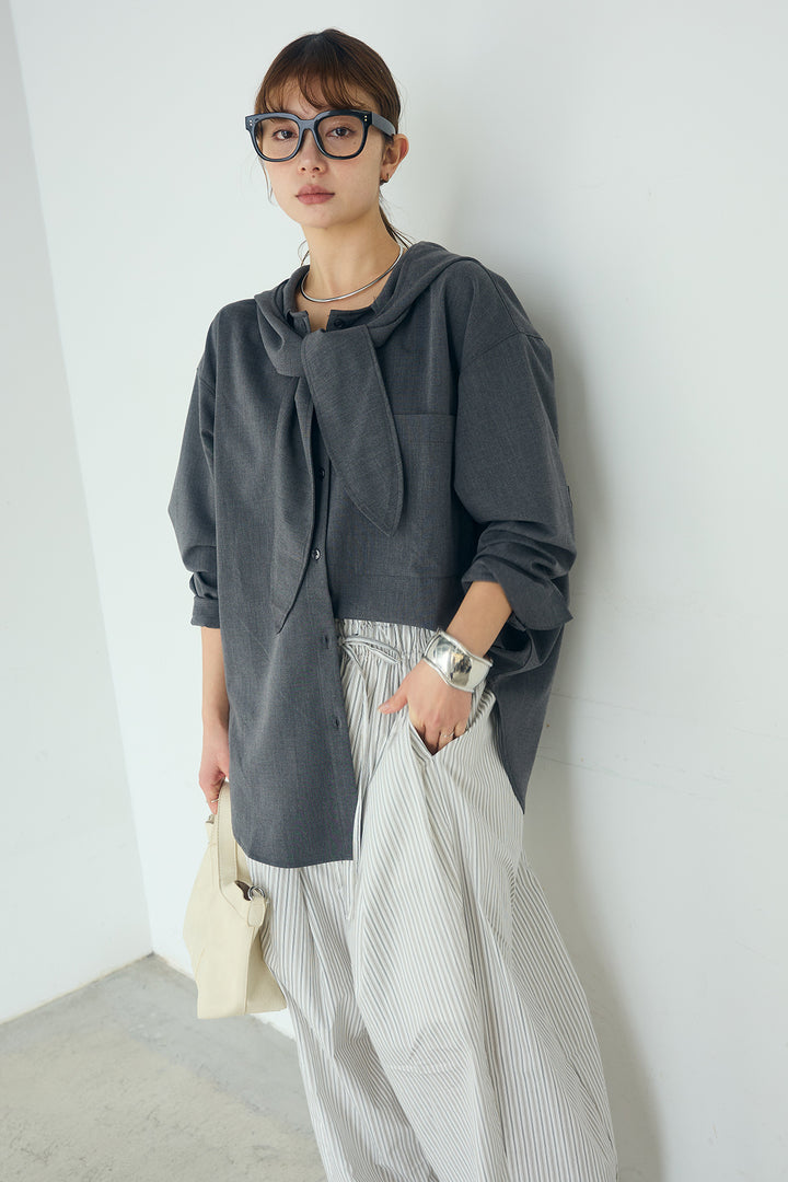 [SET]無地タイ付フーディーBIGシャツ+ランダムストライプタックギャザーパンツ(2set)