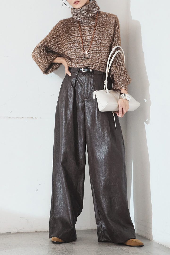 [SET]ミックス編みドルマンニットトップス+ベルト付きレザーライクタックパンツ(2set)