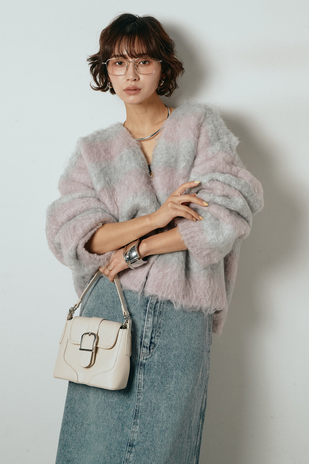 [SET]シャギーボーダー柄ニットカーディガン+デニムロングフレアスカート(2set)