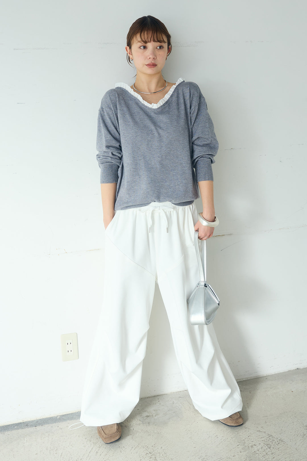 [SET]クールクール異素材コンビオフショルプルオーバー+ランダムタックデザインワイドパンツ(2set)