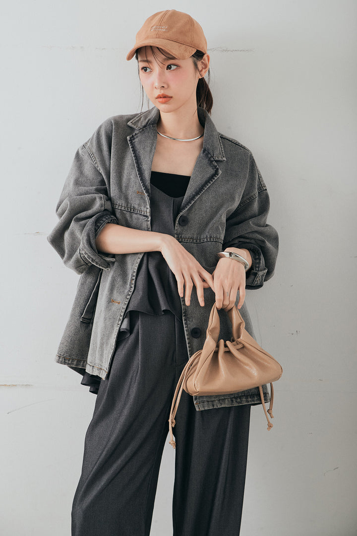 [SET]オーバーデニムジャケット+デニムライクツイルタックパンツ+デニムライクツイルティアードキャミソール(3set)