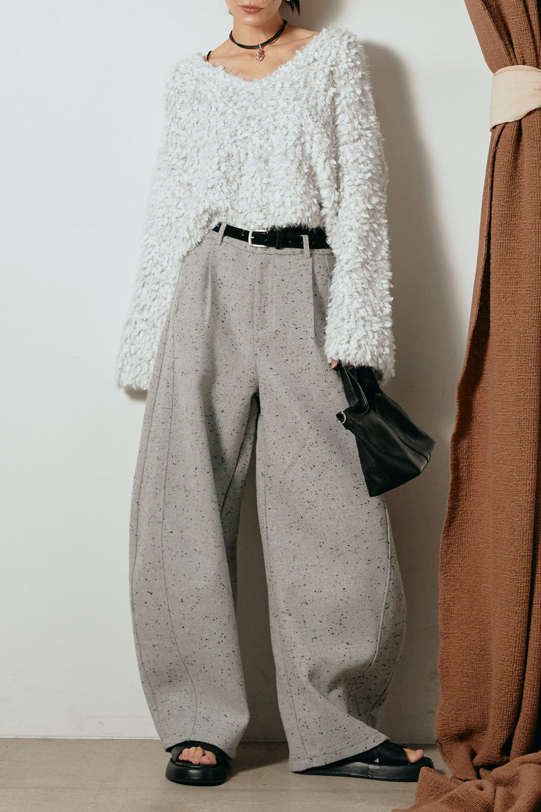 [SET]深Vネックチョウチョヤーンニットトップス+ベルト付きネップツイードカーブパンツ(2set)