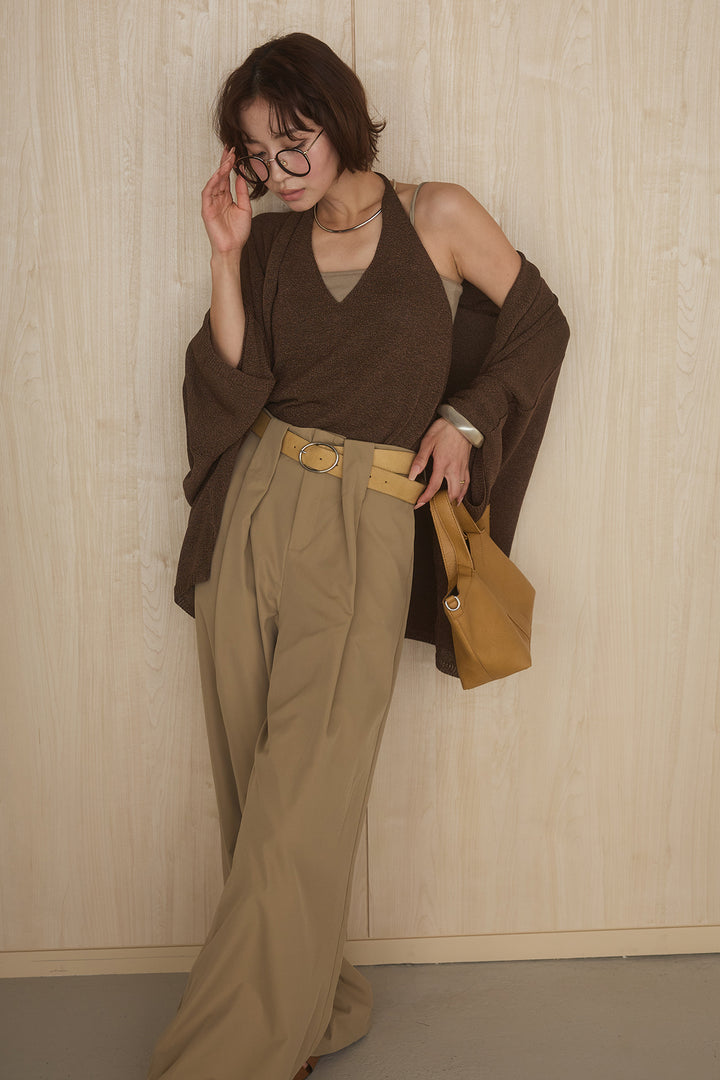 [SET]オーバードルマンカーディガン+ホルターネックインナー+ベルトループデザインハイウエストタックパンツ(3set)