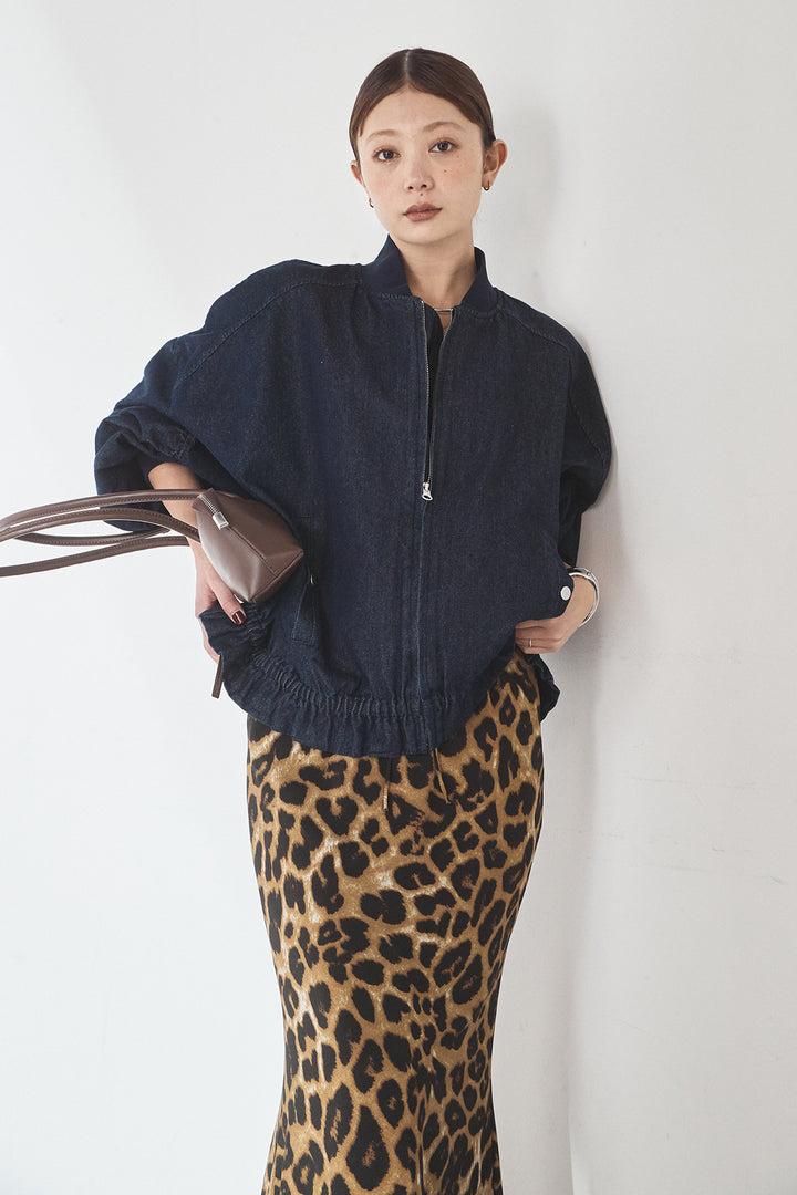 [SET]袖シャーリング裾フリルデニムブルゾン+レオパードサテンナロースカート(2set)
