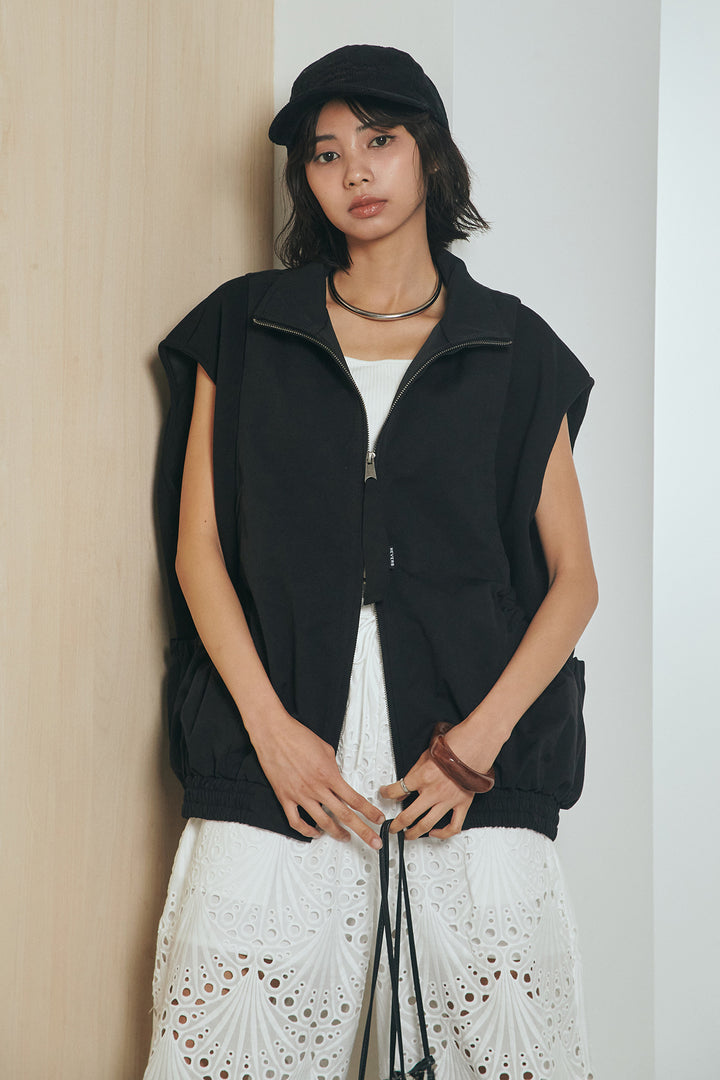 [SET]ショルダー切替スタンドネックジップベスト+レース刺繍リラックスパンツ(2set)