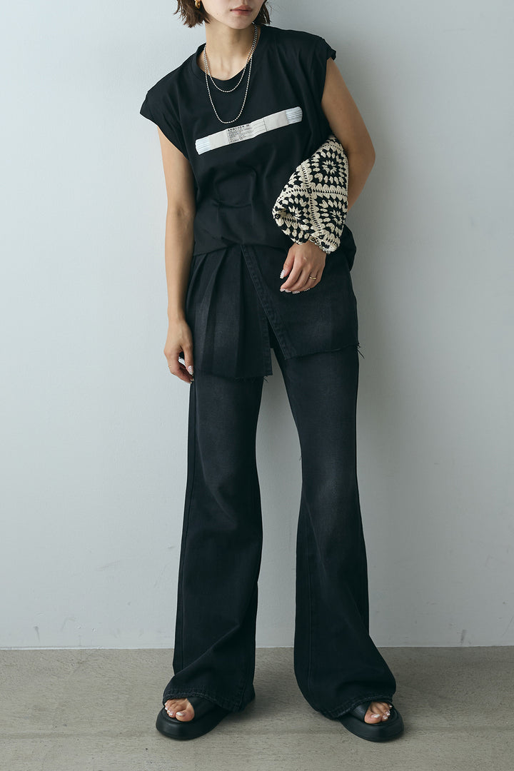 [SET]英字デザインノースリーブTシャツ+レイヤードデニムパンツ(2set)