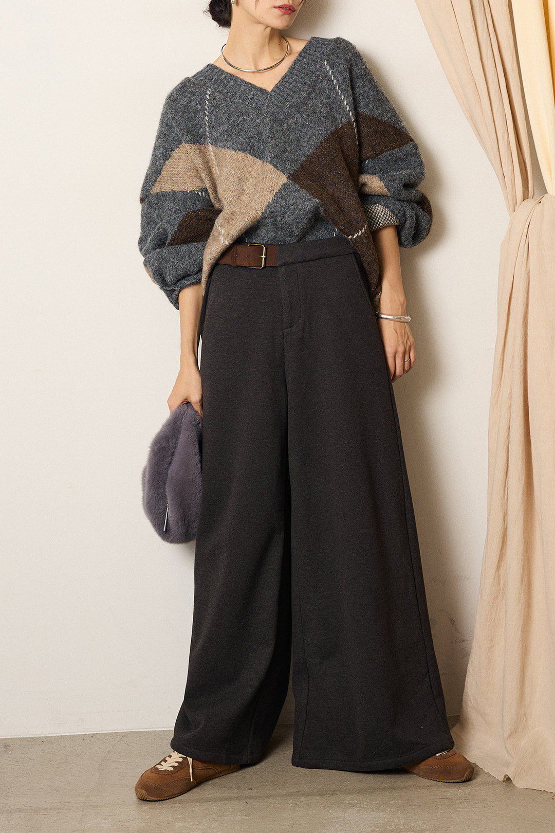 [SET]ルーズアーガイルVネックニット+サイドベルトパンツ(2set)