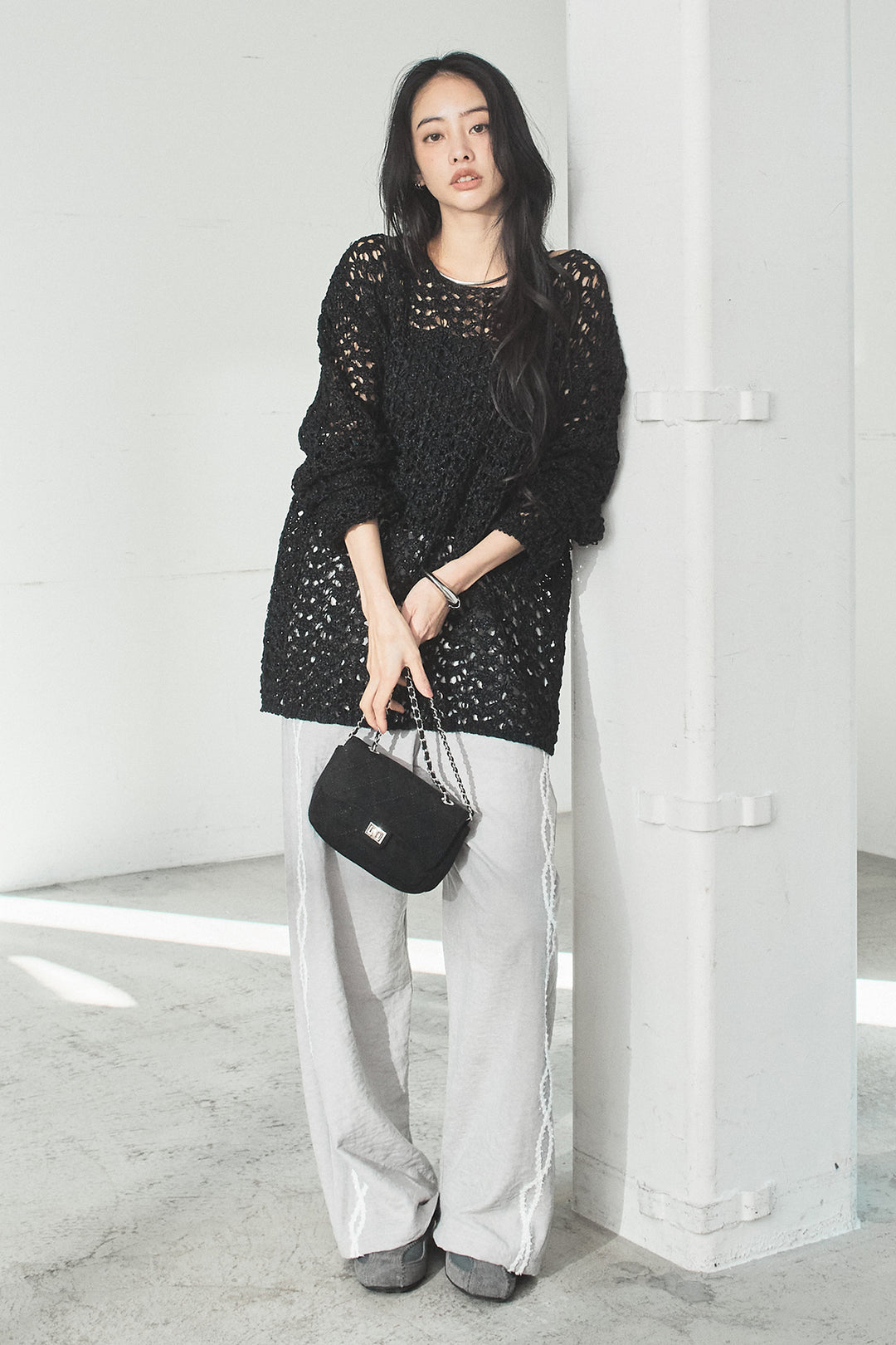 [SET]リラックスメッシュニットトップス+刺繡テープラインパンツ(2set)