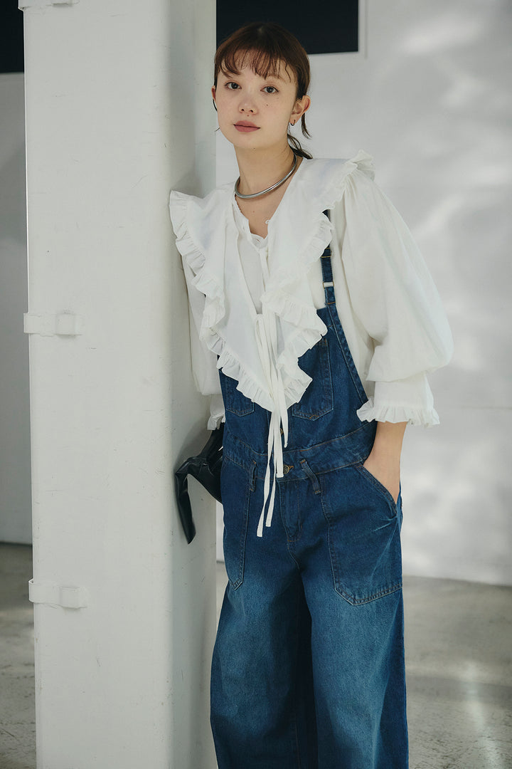 [SET]コットンフリルブラウス+デニムサロペットワイドパンツ(2set)