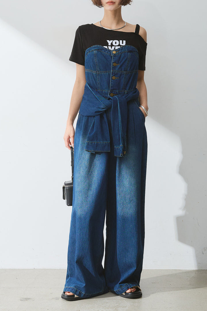 [SET]テキストロゴワンショルTシャツ+2WAYデニムベアサロペット(2set)