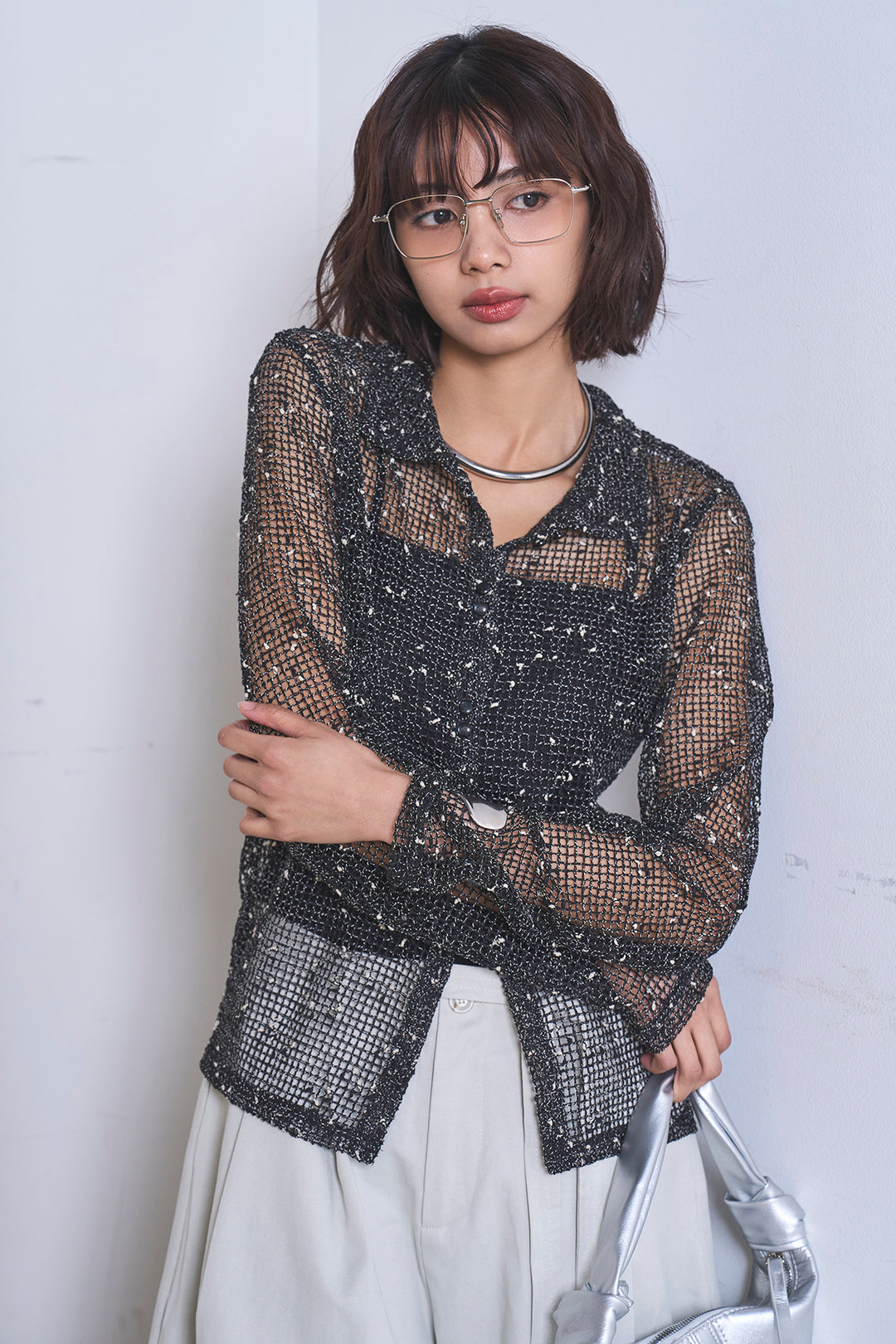 [SET]ネップメッシュポロ襟カーディガン+紐ベルト付きカーブワイドパンツ(2set)