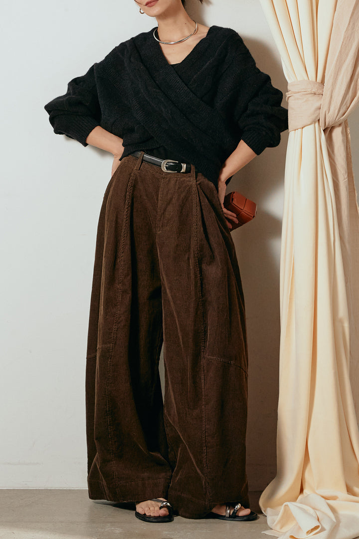[SET]ケーブルカシュクールニットトップス+タック入りコーデュロイワイドパンツ(2set)