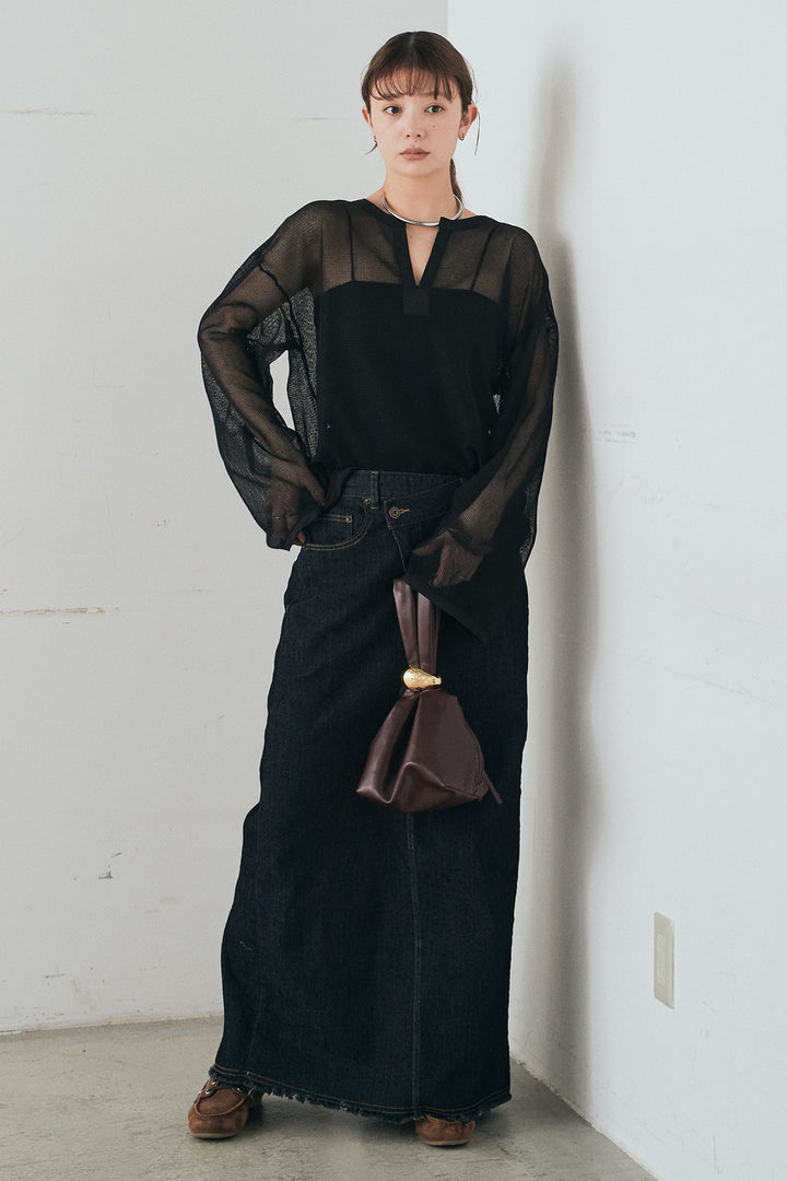 [SET]メッシュカットソースキッパープルオーバー+ウエストクロスデニムタイトスカート(2set)