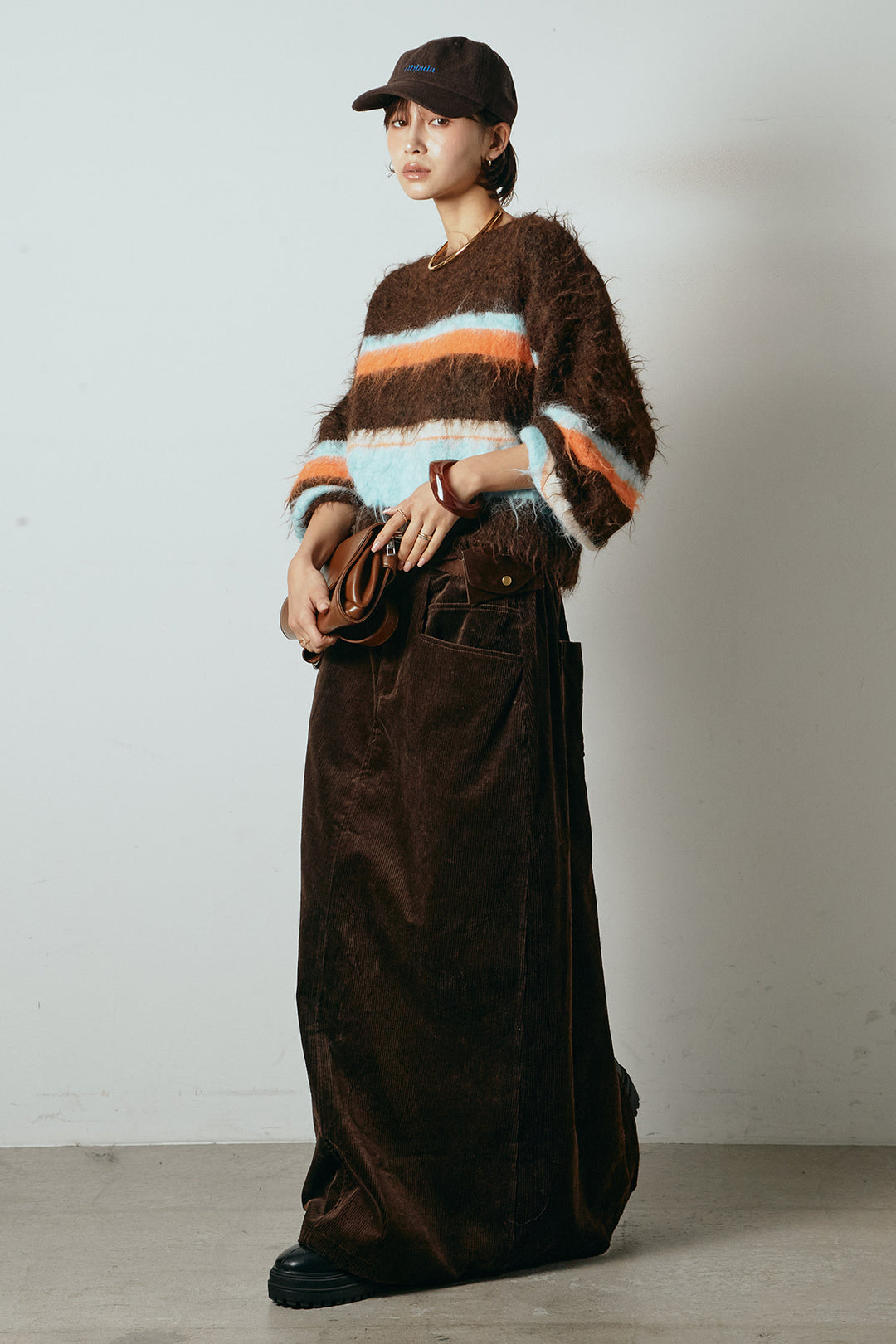 [SET]起毛配色マルチボーダーニットトップス+ポーチベルト付きコーデュロイワイドスカート(2set)