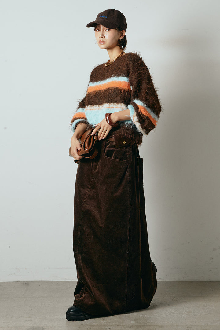 [SET]起毛配色マルチボーダーニットトップス+ポーチベルト付きコーデュロイワイドスカート(2set)