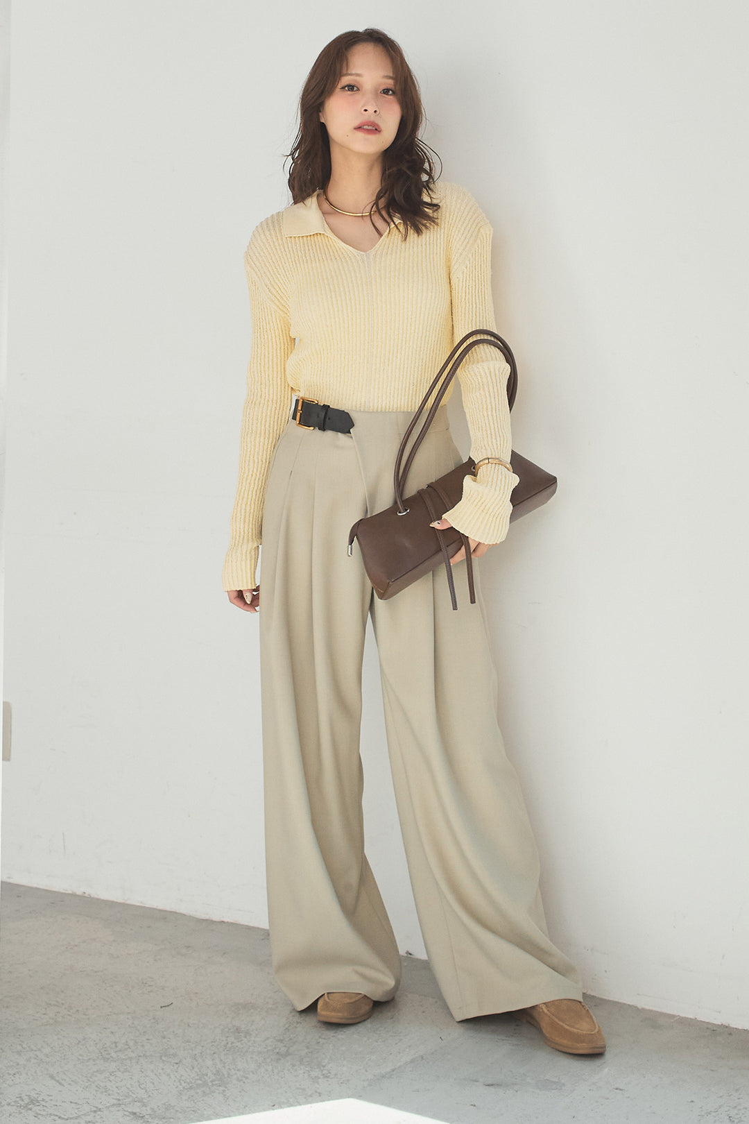 [SET]衿付きニットプルオーバー+サイドベルトタック入りスラックス(2set)