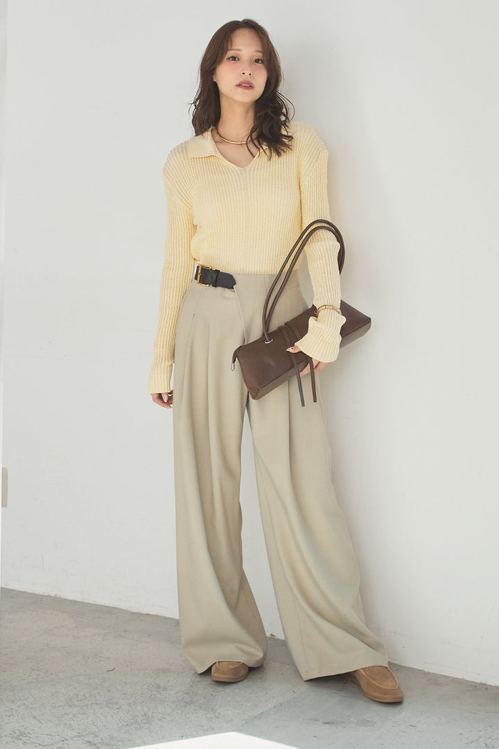 [SET]衿付きニットプルオーバー+サイドベルトタック入りスラックス(2set)