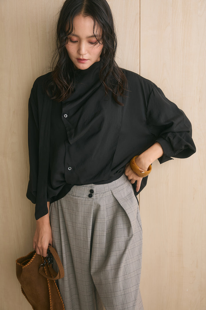 [SET]アシンメトリーネックデザインシャツ+ウエストアシメタータンチェックパンツ(2set)