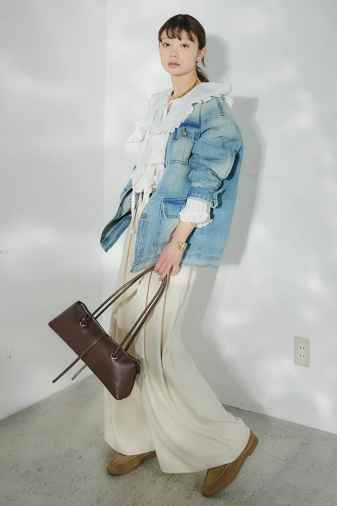 [SET]ノーカラーデニムポケットジャケット+コットンフリルブラウス+ベルト付きタックデザインハイウエストロングパンツ(3set)