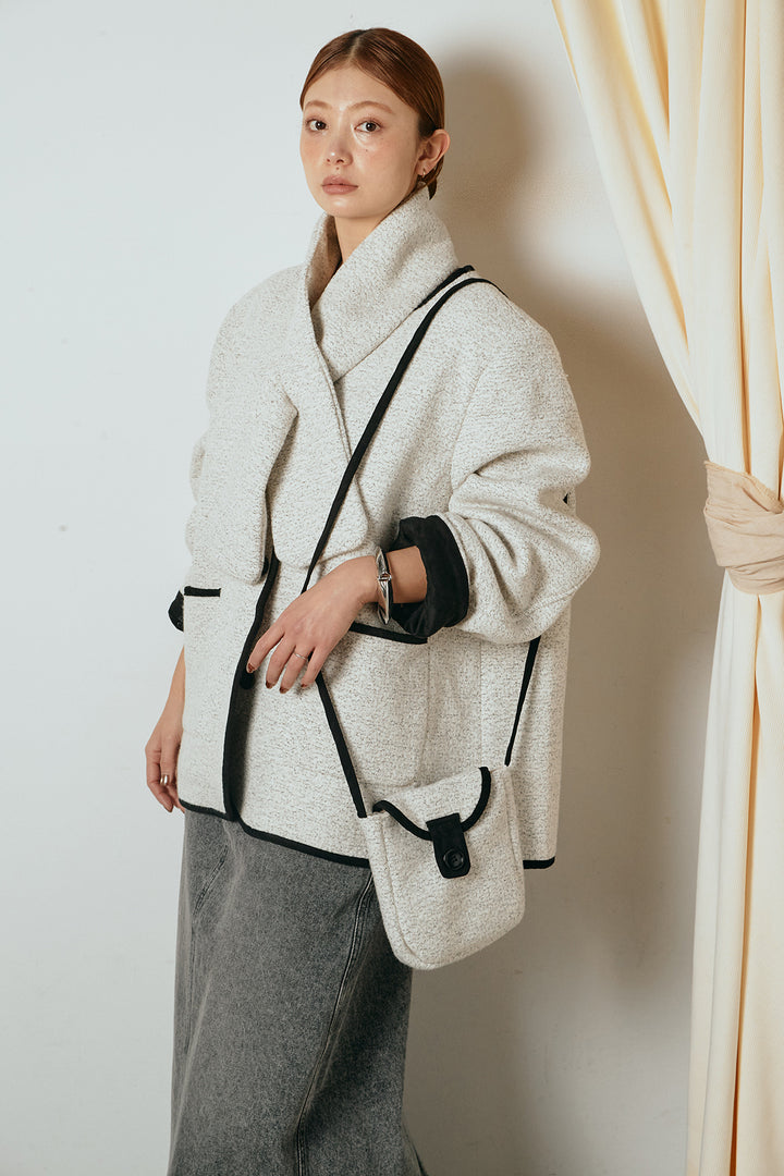 [SET]ノーカラーマフラーバッグ付きアウター+デニムロングフレアスカート(2set)