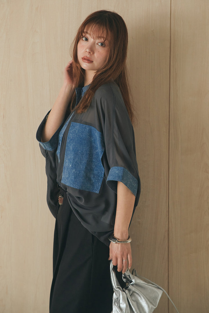 [SET]デニムライクビッグツーポケシアーシャツ+ベルトループデザインハイウエストタックパンツ(2set)