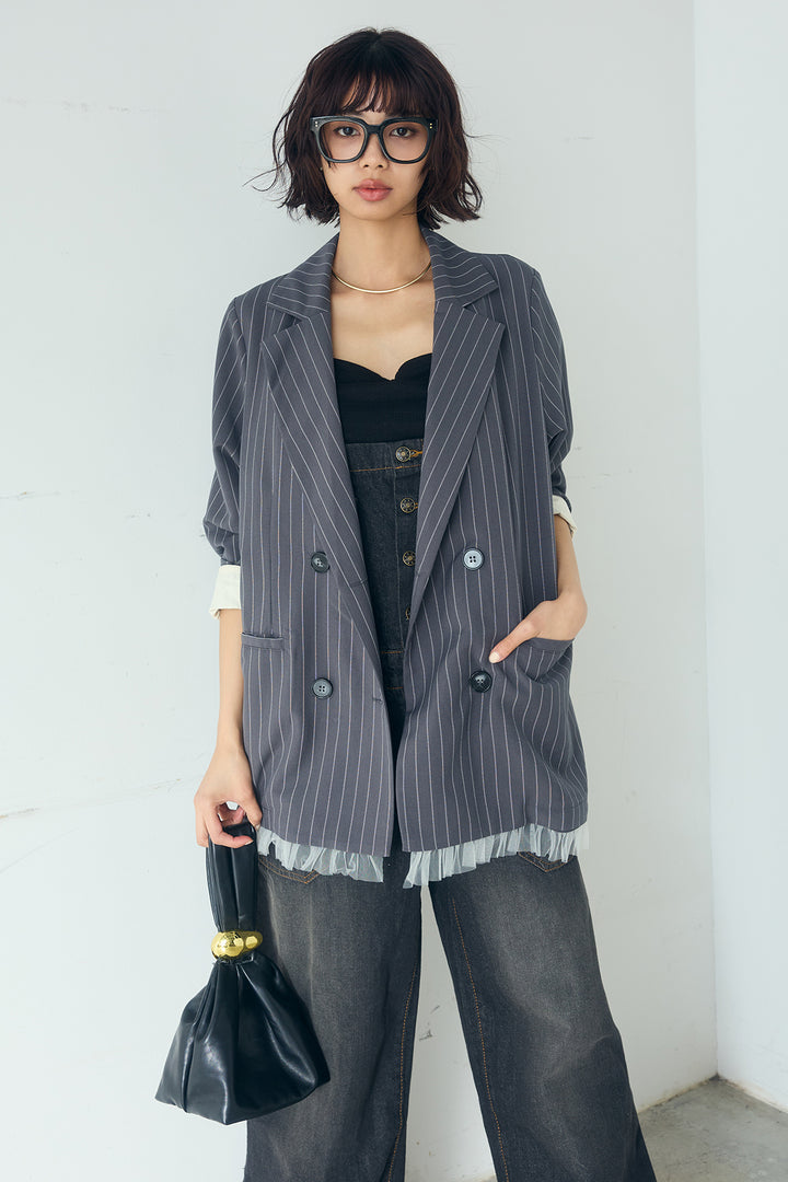 [SET]裾フリルダブルジャケット+デニムサロペットワイドパンツ(2set)