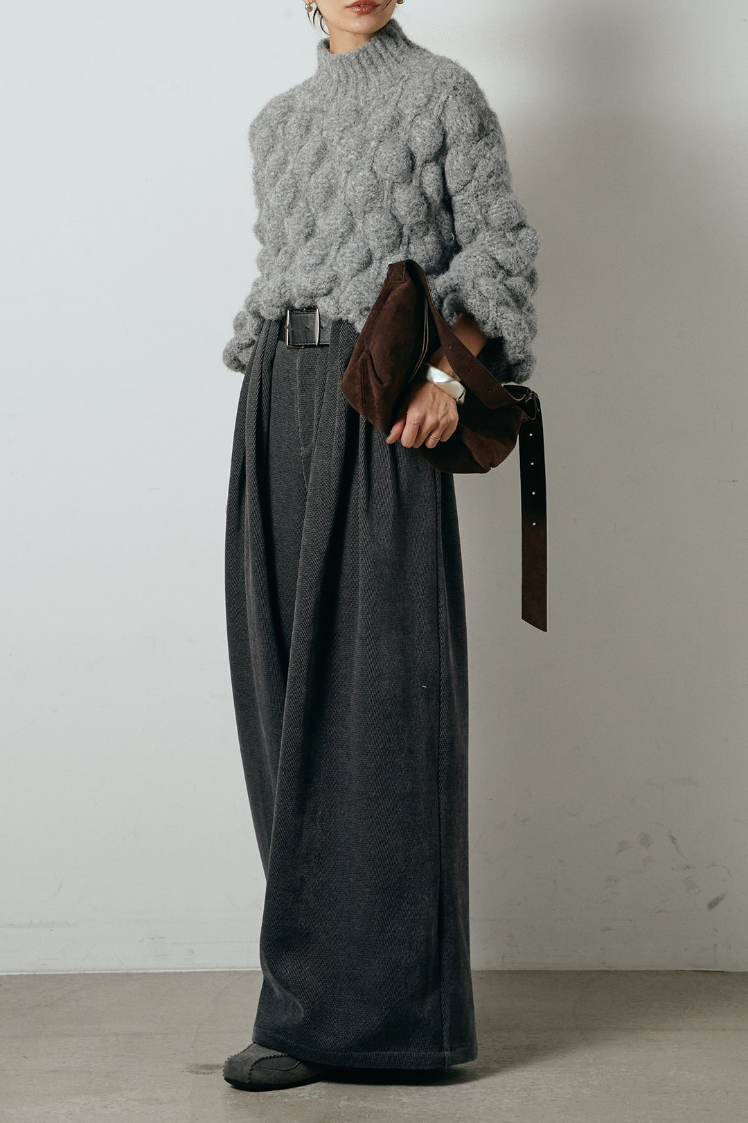 [SET]ボリュームポップコーンニットトップス+ベルトループコーデュロイワイドパンツ(2set)