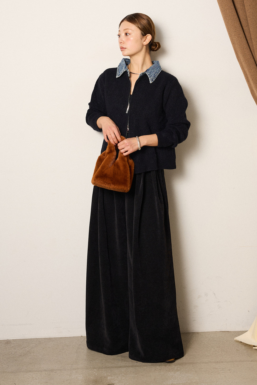 [SET]デニム襟ダブルジップニットトップス+ベルトループコーデュロイワイドパンツ(2set)