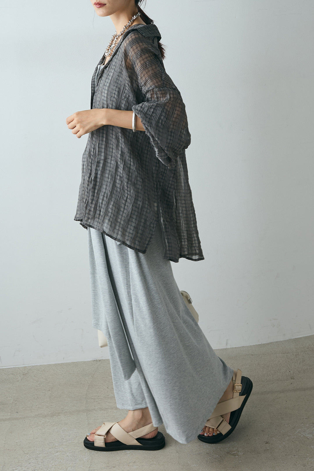 [SET]シアーマルチチェック柄シャツ+ウエスト巻きリブロングワンピース(2set)
