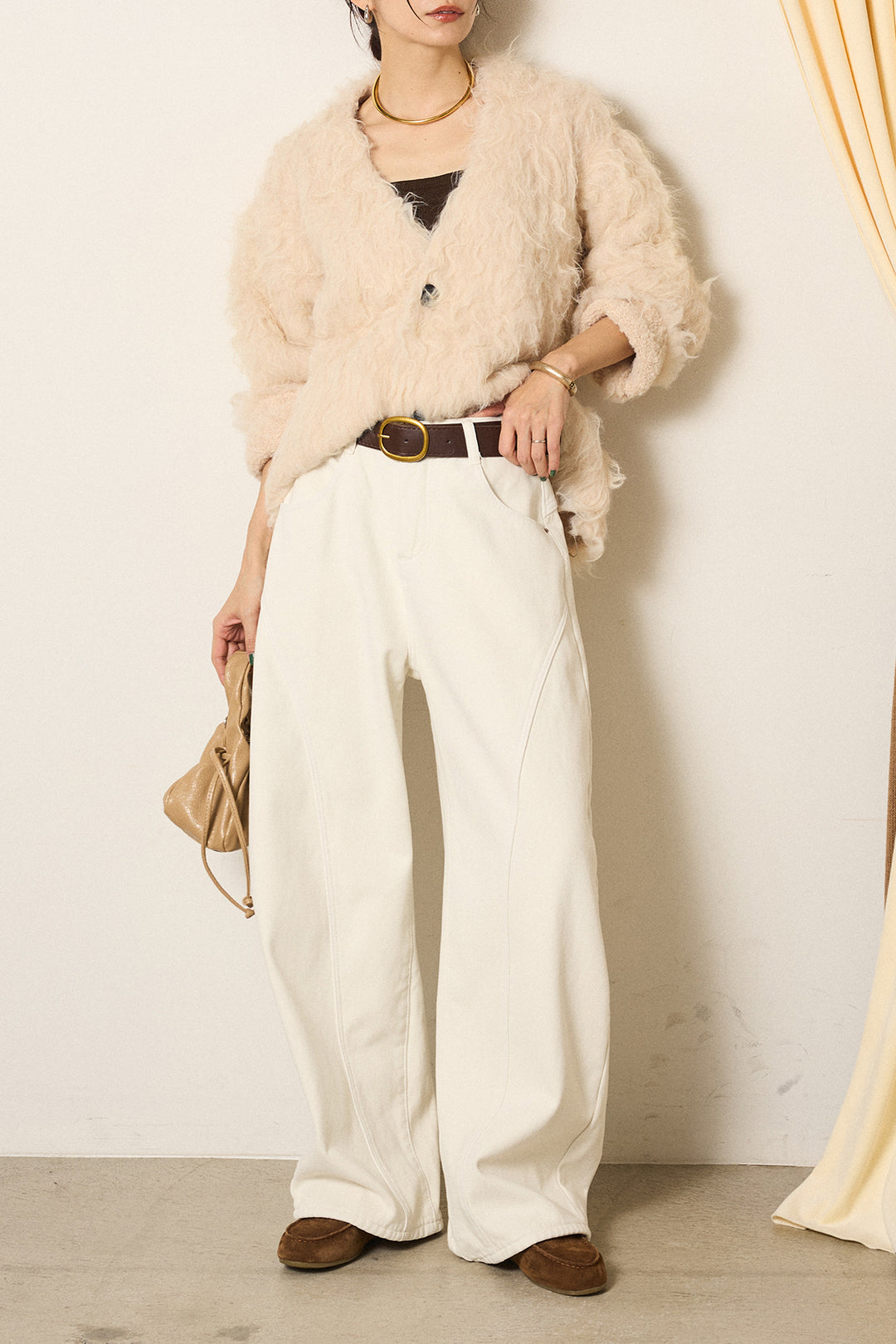 [SET]起毛シャギーニットカーディガン+ベルト付きカジュアルカーブワイドパンツ(2set)