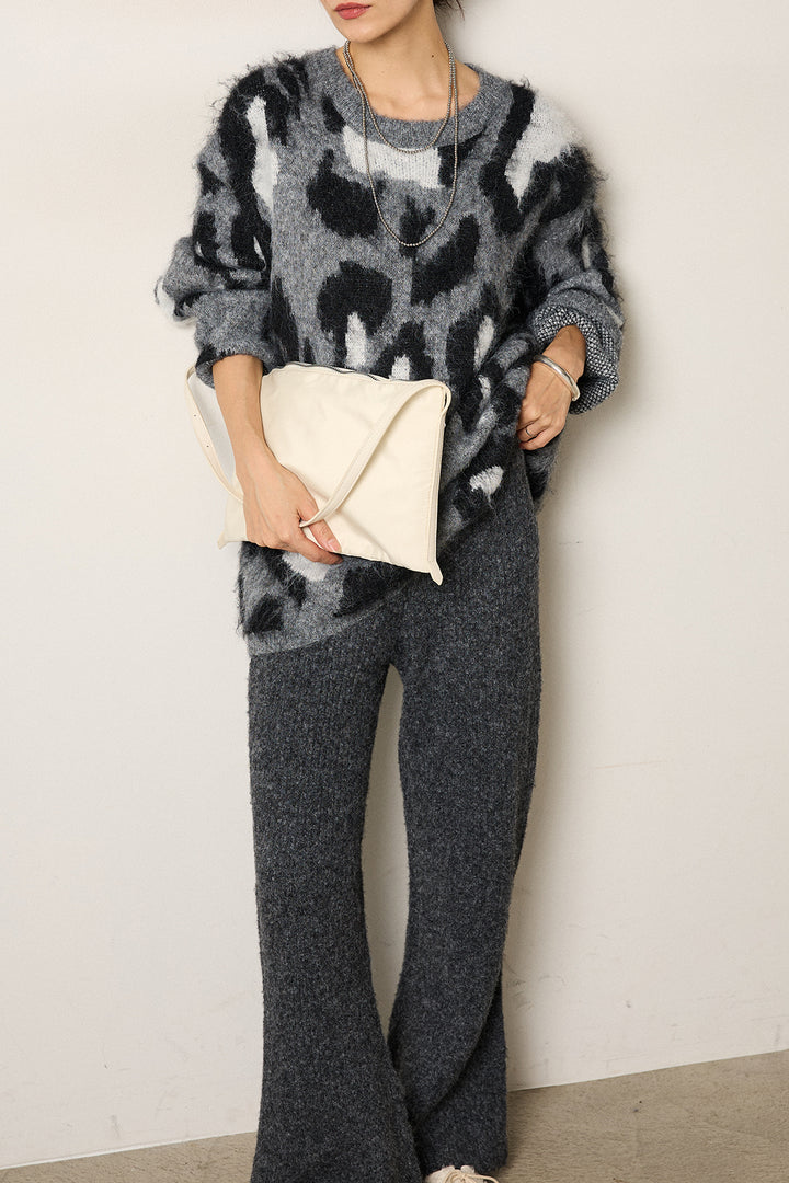[SET]ルーズアニマルモヘアニットトップス+杢ニットリブフレアパンツ(2set)