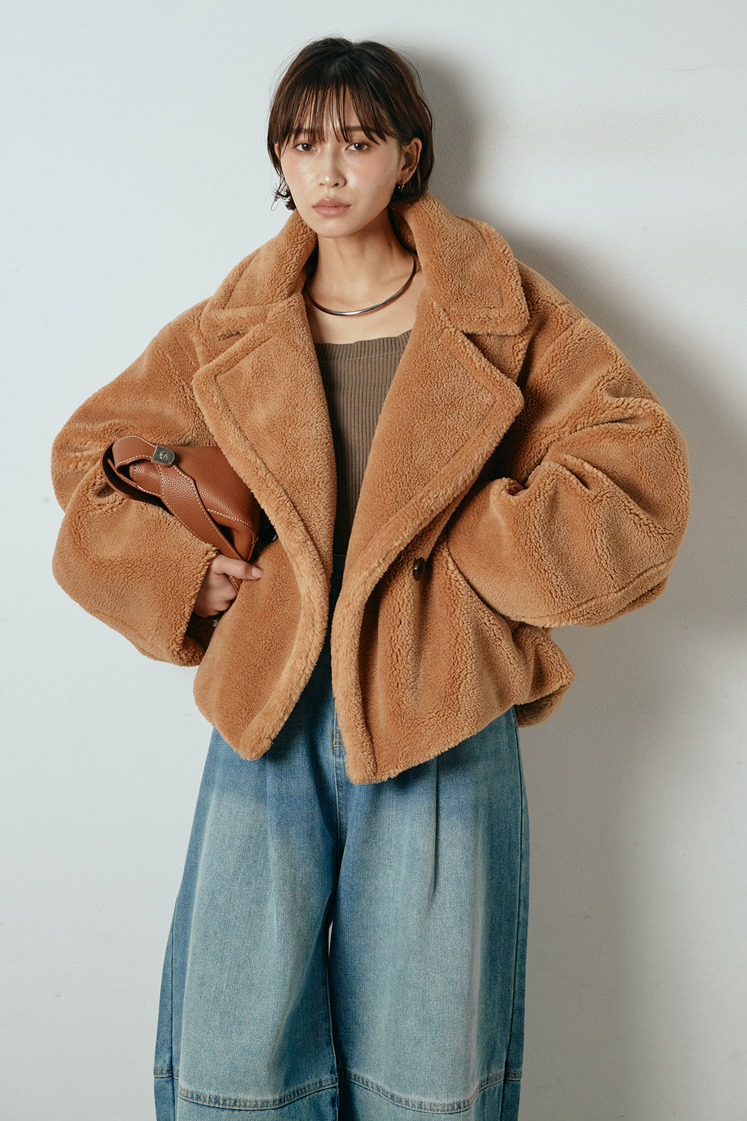 【2月中旬発送】
[SET]テディボアショートジャケット+加工デニムタックコクーンワイドパンツ(2set)