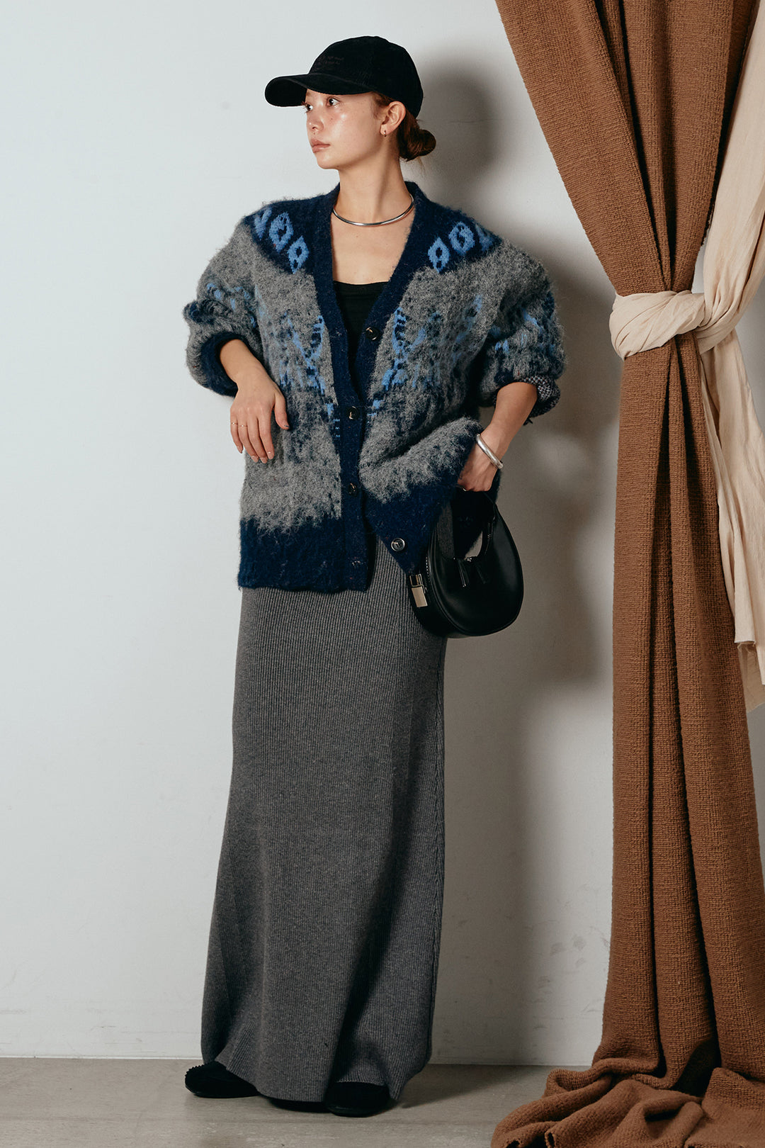 [SET]シャギーニュアンス柄ニットカーディガン+リブナローニットスカート(2set)