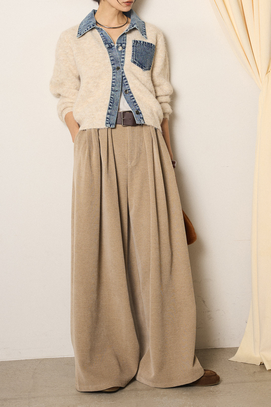 [SET]襟付きデニム切替ニットカーディガン+ベルトループコーデュロイワイドパンツ(2set)