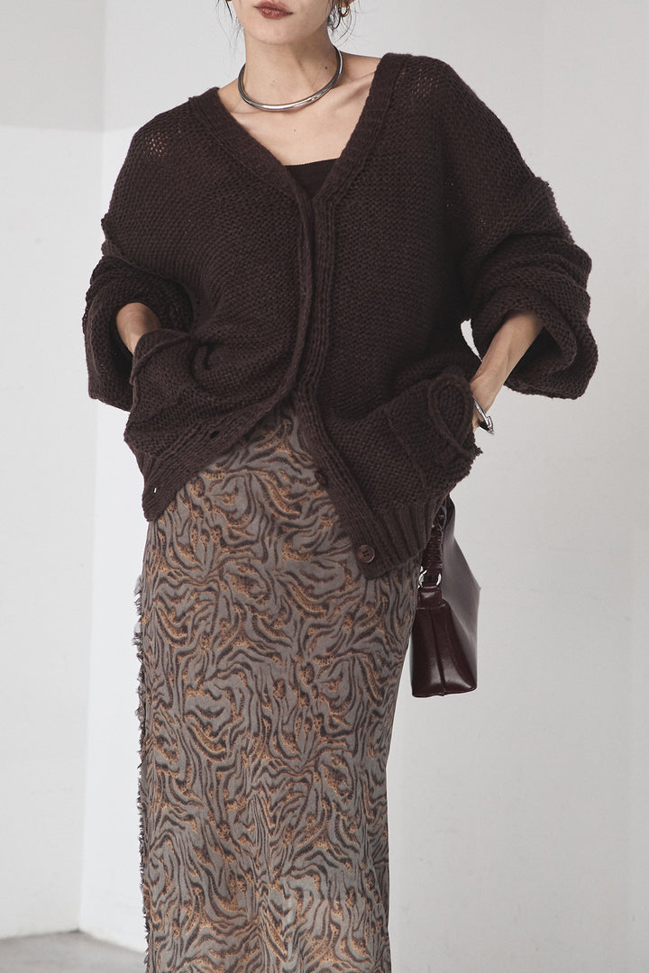 [SET]コード刺繍リラックスニットカーディガン+抽象柄ロングスカート(2set)