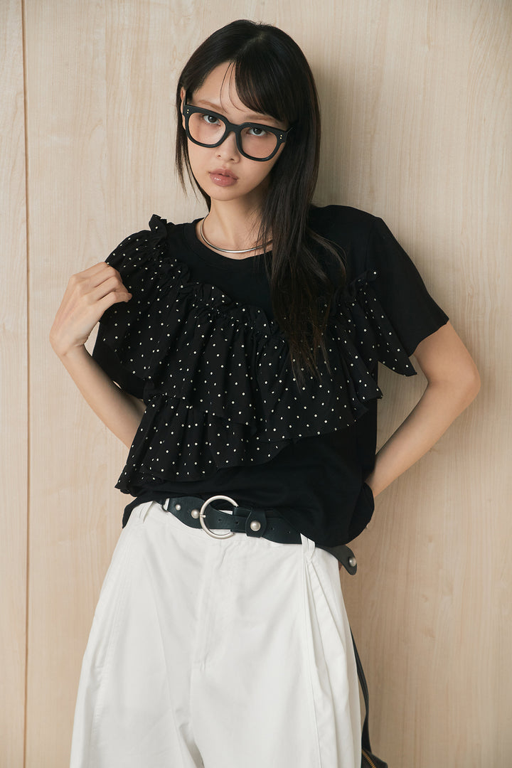 [SET]ドットアシメフリルデザインTシャツ+サークルバックルベルト付きタックワイドパンツ(2set)