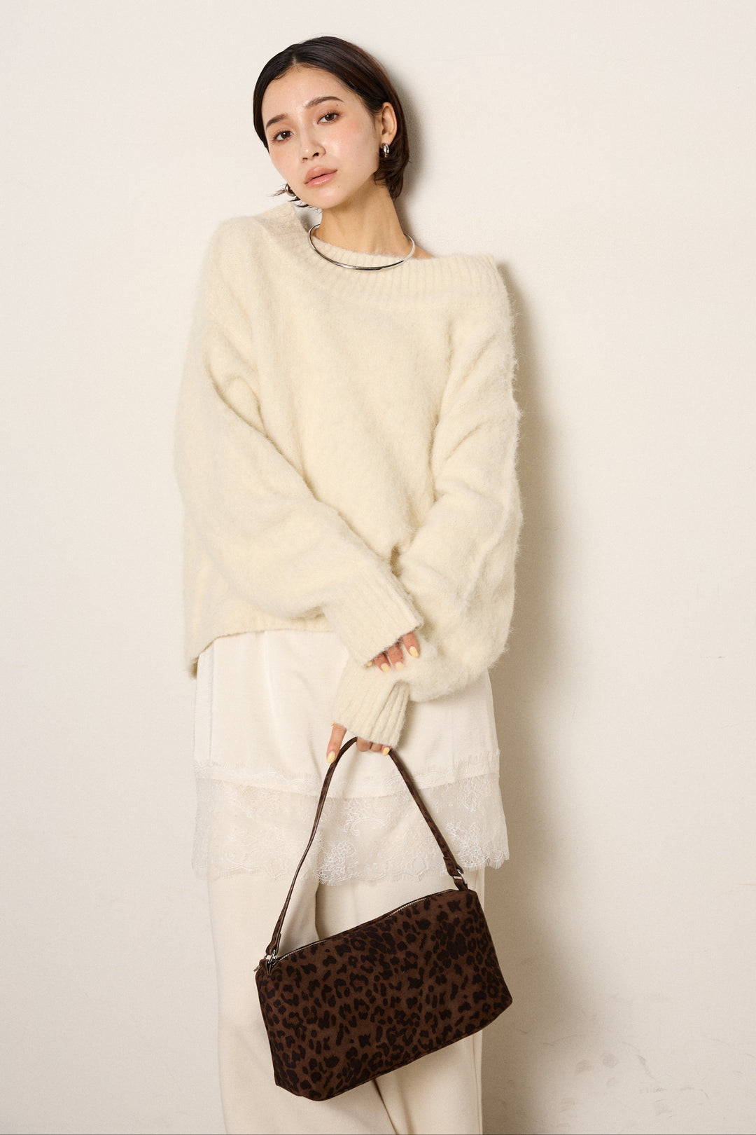 [SET]アルパカタッチオフショルニット+裏起毛スウェットワイドパンツ(2set)