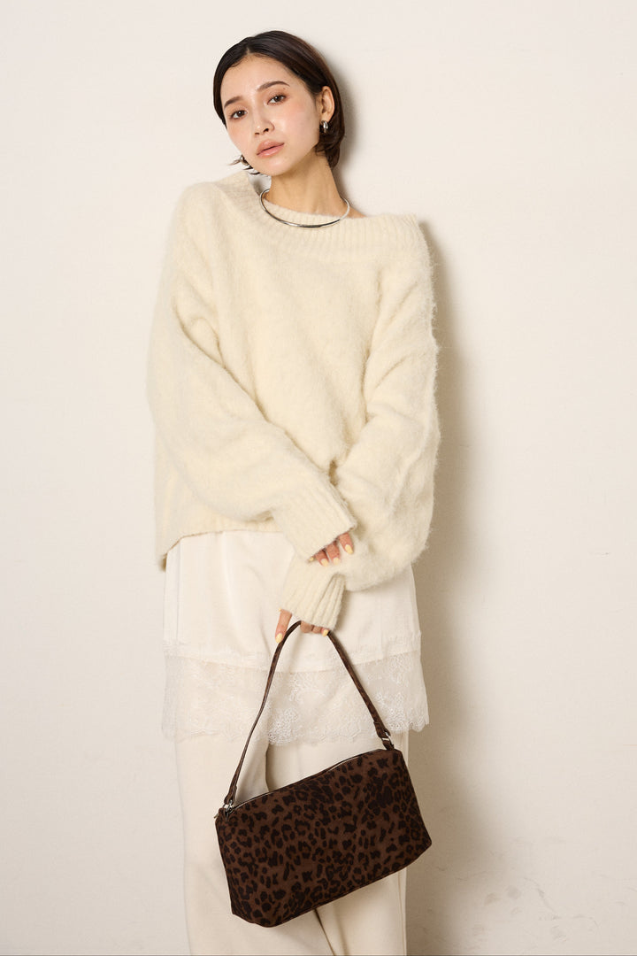 [SET]アルパカタッチオフショルニット+裏起毛スウェットワイドパンツ(2set)