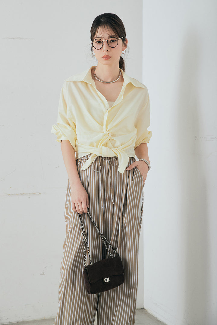[SET]裾巻きツイストデザインシャツ+レーヨンストライプイージーワイドパンツ(2set)