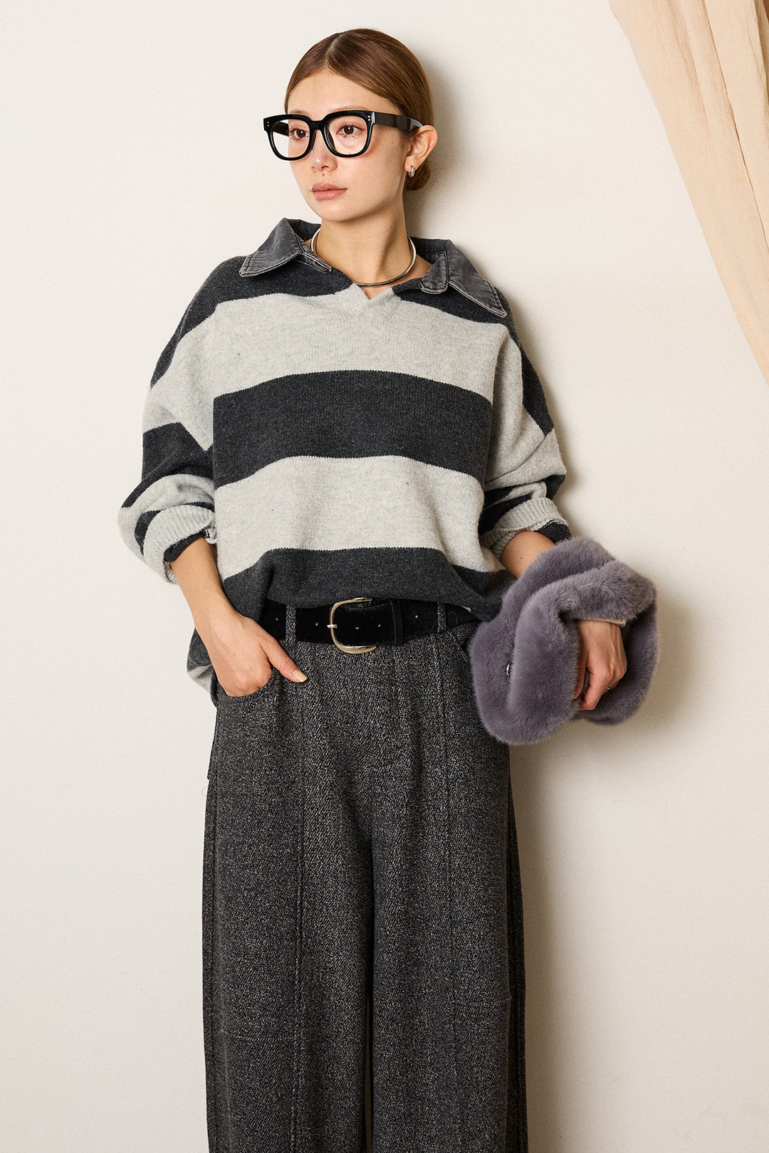 [SET]デニムカラーボーダールーズニット+太ベルト付きツイードワイドパンツ(2set)