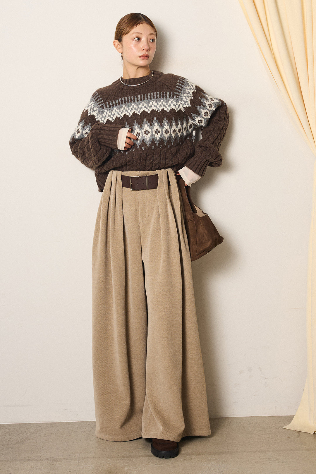 [SET]2WAY求心柄ジャガードショートカーディガン+ベルトループコーデュロイワイドパンツ+2WAY袖コード刺繍クルーネックプルオーバー(3set)