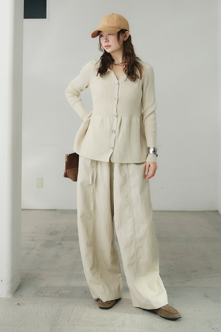 [SET]スキッパーペプラムニット+フェイクレザーカーブワイドパンツ(2set)