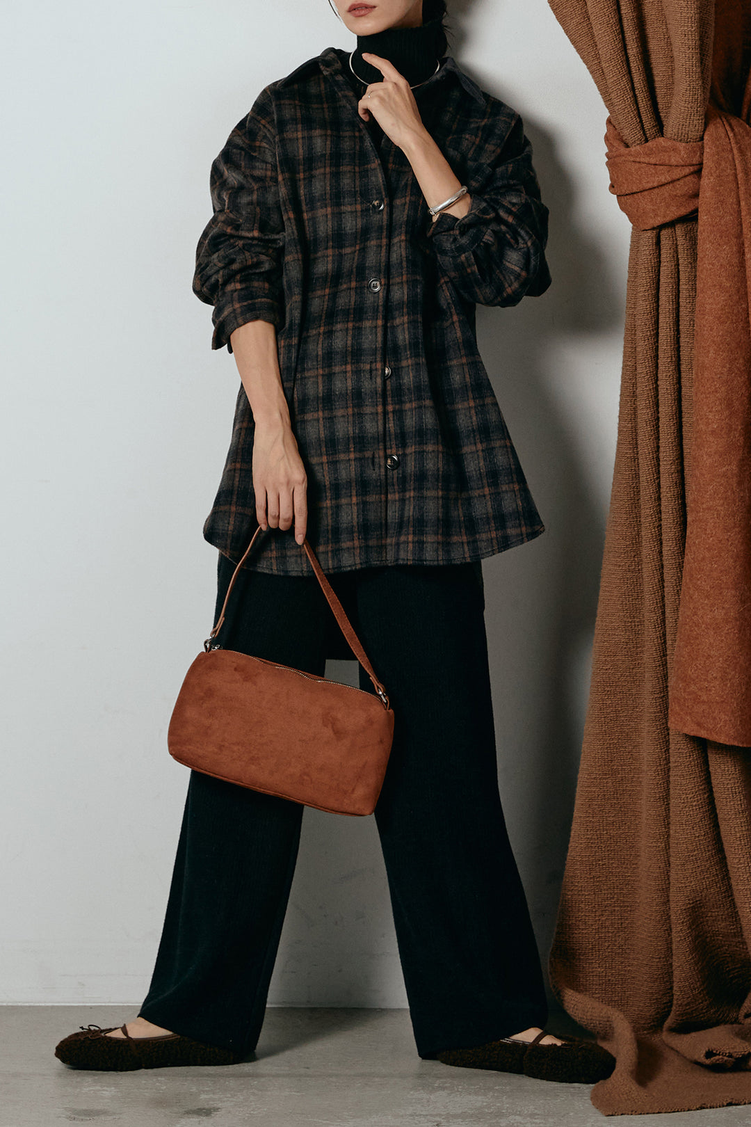 [SET]シャギーチェックシャツジャケット+ワイドリブニットイージーパンツ(2set)