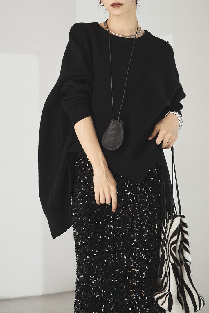 [SET]アシンメトリーデザインニットトップス+スパンコールニットワイドスカート(2set)