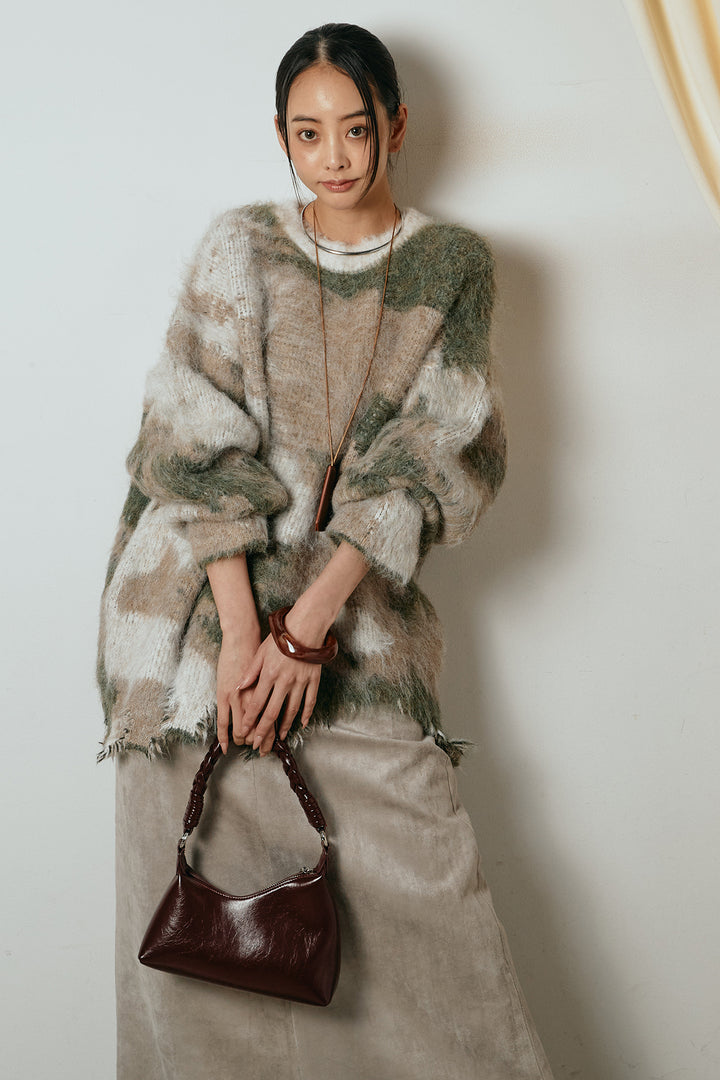 [SET]起毛裾デザインニュアンス柄ニットトップス+エコスウェードワイドスカート(2set)