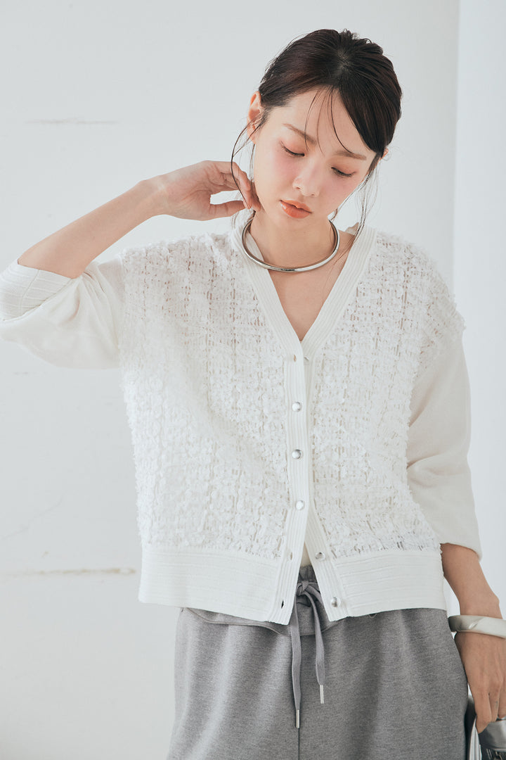 [SET]モコレースVネックカーディガン+カットダンボールウエストフリルカーブパンツ(2set)