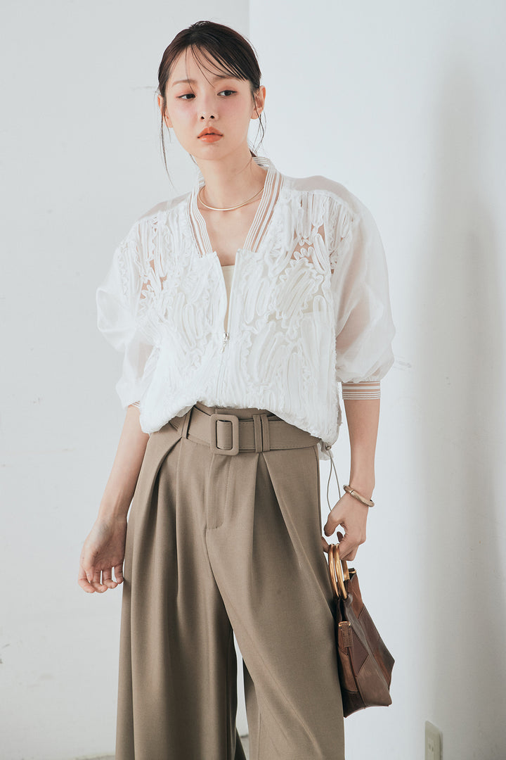 [SET]モチーフ付きシアーブルゾン+ベルト付きツータックワイドパンツ(2set)