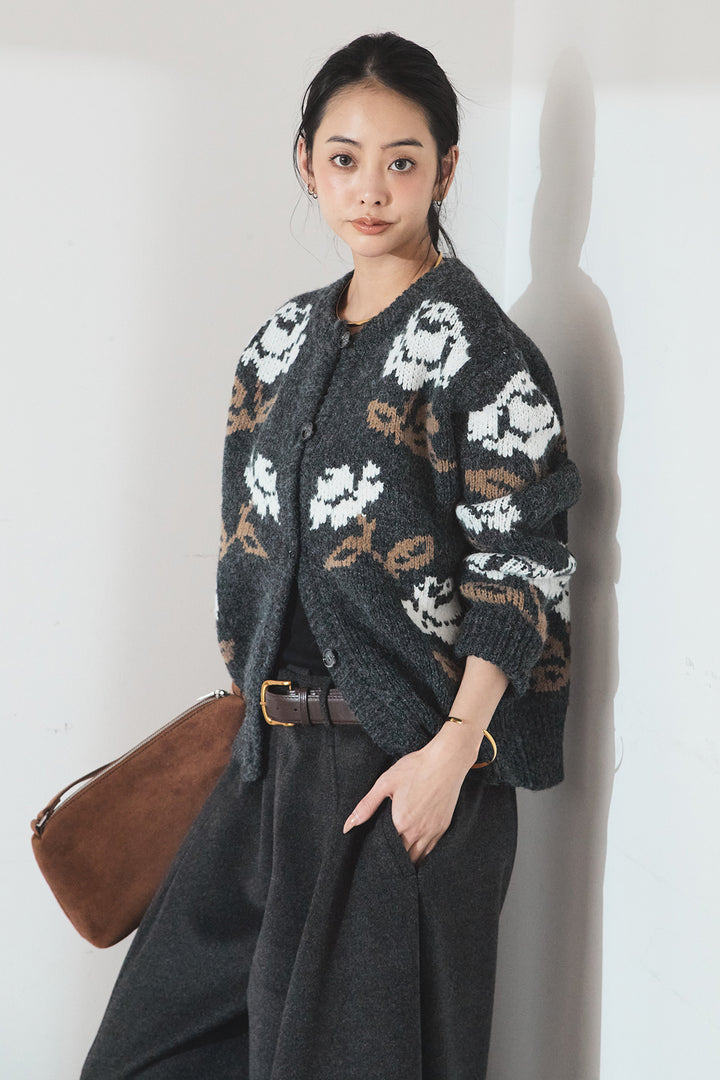 [SET]花柄ジャガードニットカーディガン+ウールタッチカーブワイドパンツ(2set)