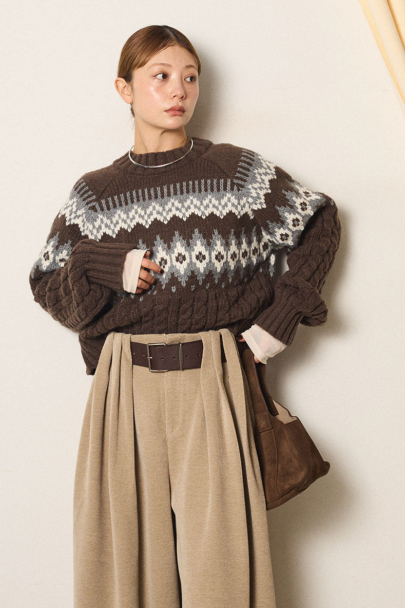 [SET]2WAY求心柄ジャガードショートカーディガン+2WAY袖コード刺繍クルーネックプルオーバー(2set)