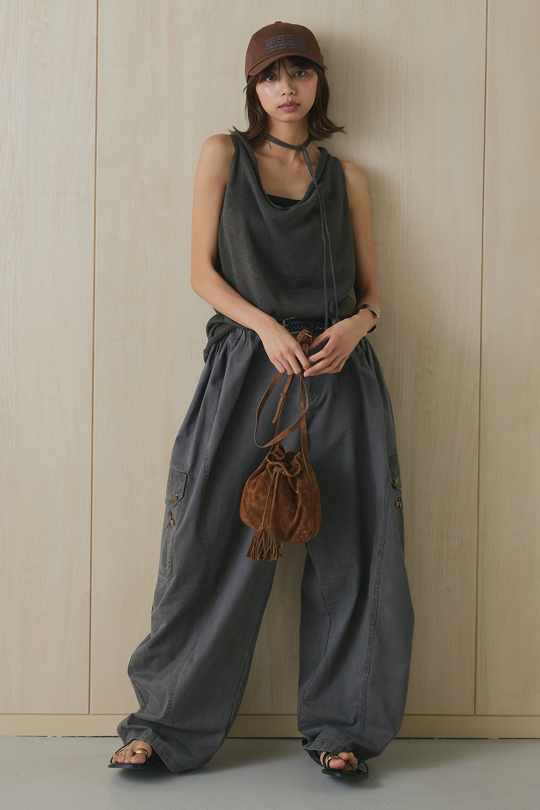 [SET]ドレープノースリ紐付きニット+コットンベルトループカーブワイドパンツ(2set)